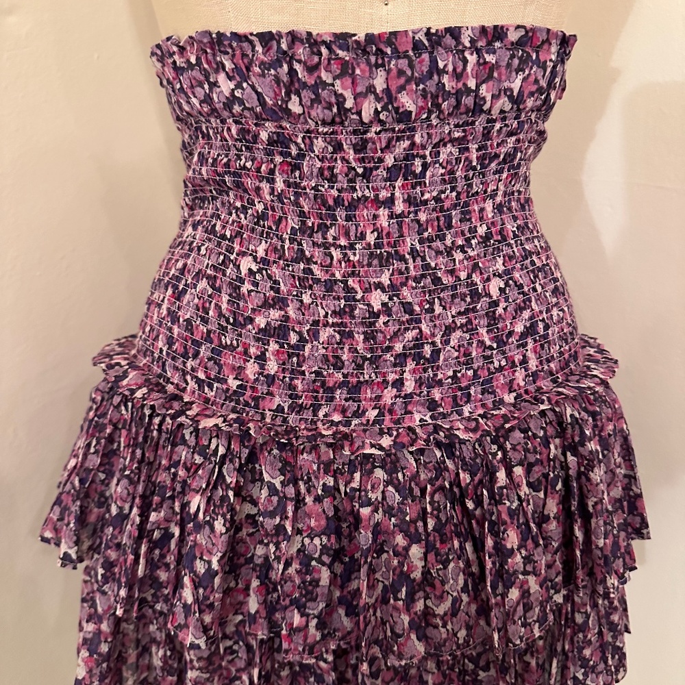 ISABEL MARANT ETOILE purple ditsy floral smocked ruffle tiered tiered mini skirt